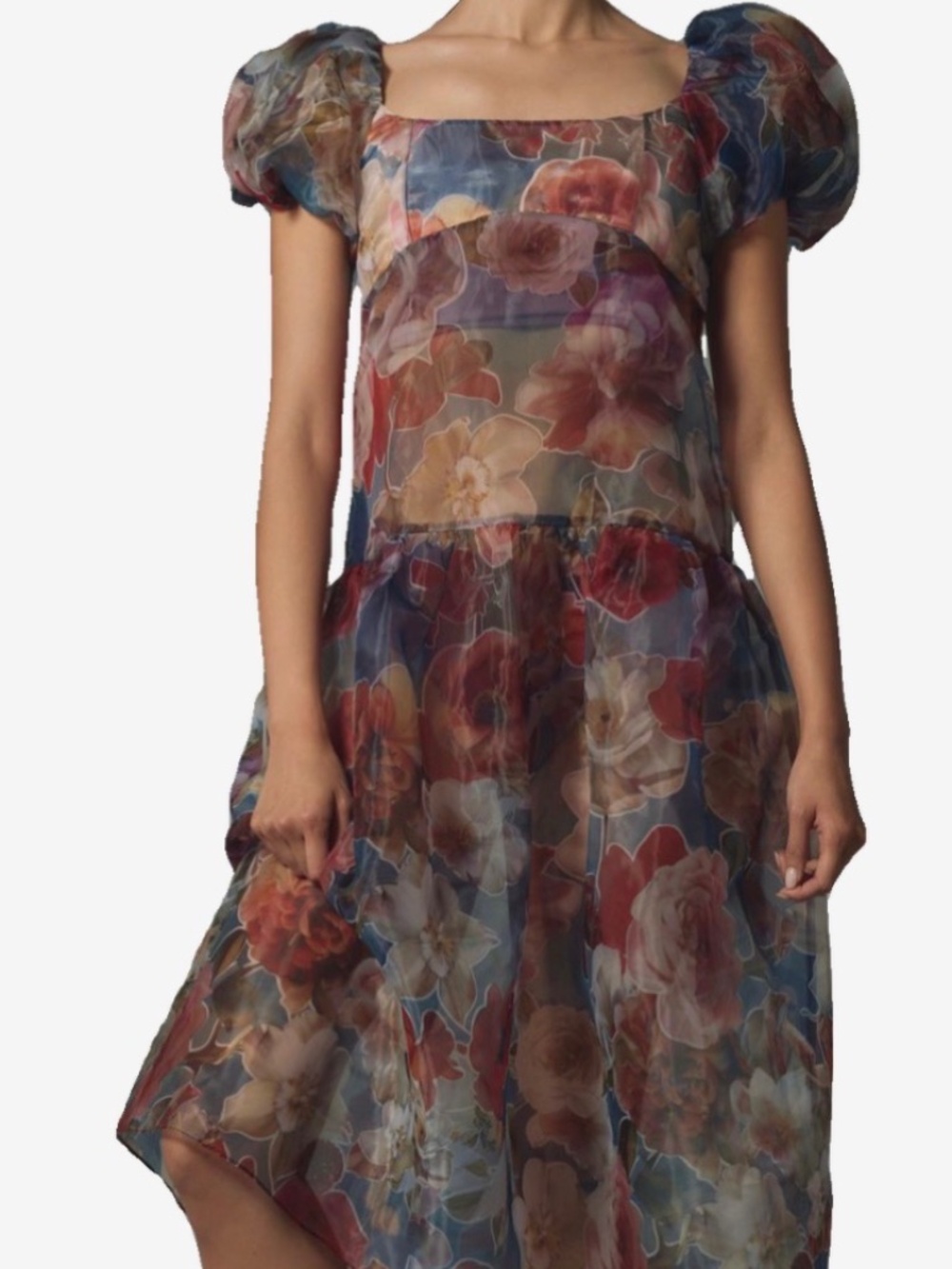 By Anthropologie Puff-Sleeve Off-The-Shoulder Drop-Waist Sheer Midi Dress